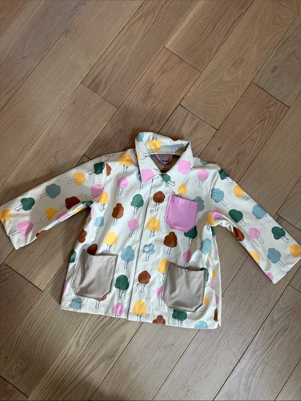 Cream Kids Raincoat with Colorful Tree Print and Pink Chest Pocket